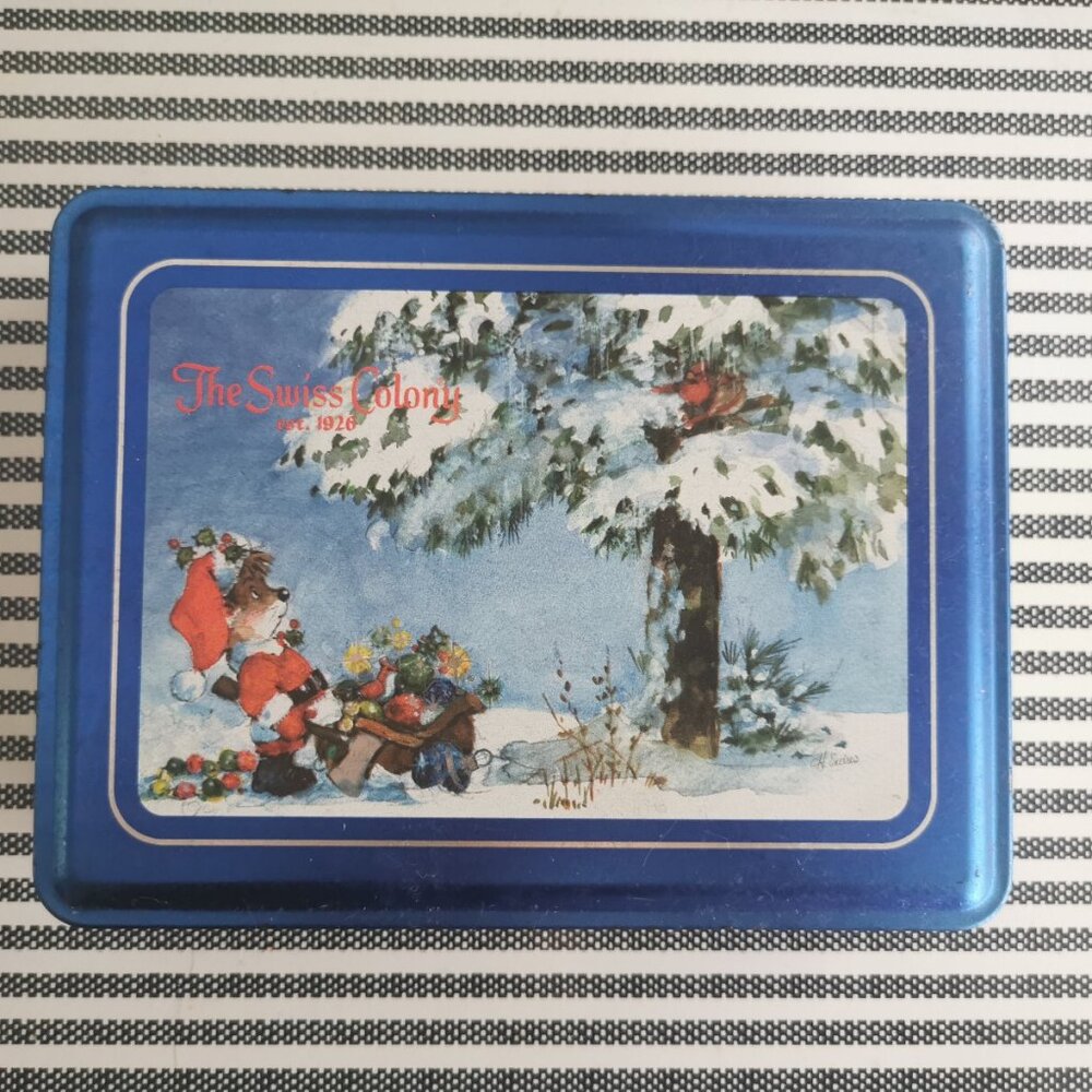 Vintage‎ The Swiss Colony Bakery Christmas Tin Bear Santa Christmas Tree Blue